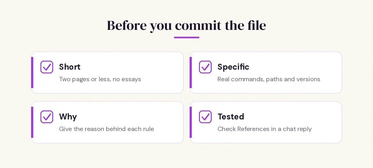 Copilot instructions file checklist: short, specific, explains why, tested