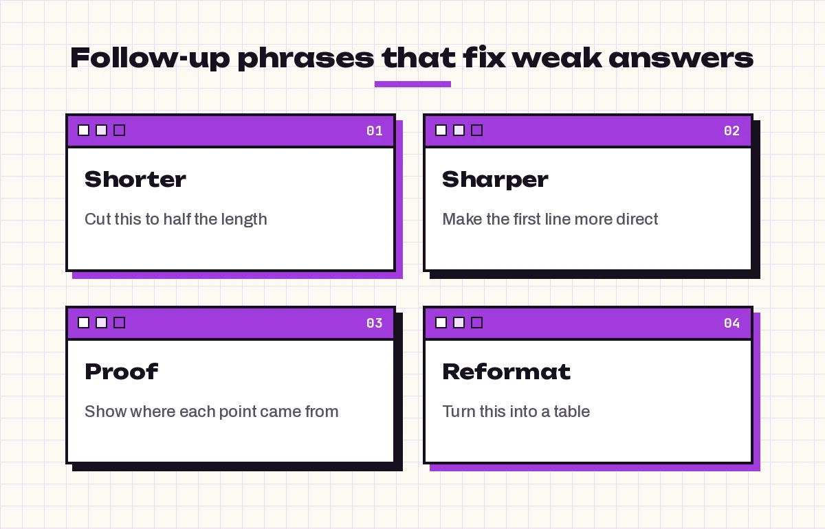 Copilot prompt cheat sheet follow-up phrases: shorter, sharper, proof and reformat