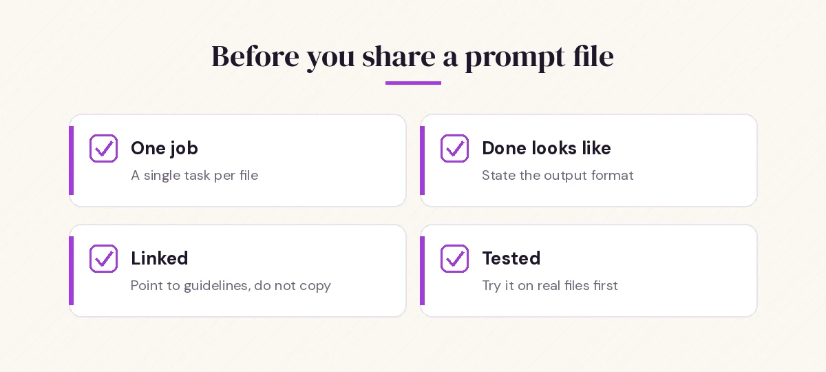 Checklist for writing effective GitHub Copilot prompt files