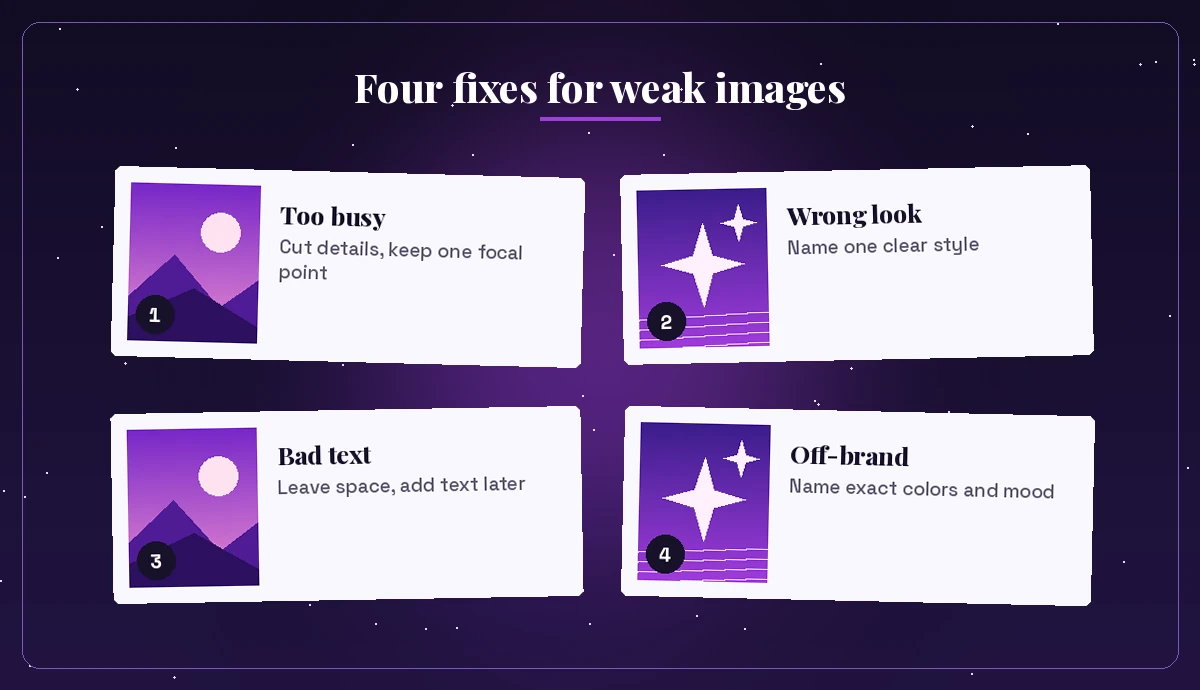 Four fixes when a copilot prompt for image generation misses: too busy, wrong look, bad text and off-brand colors