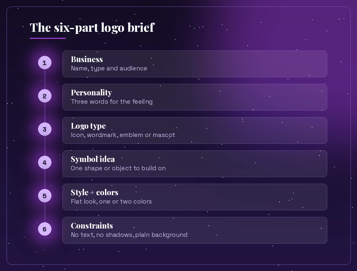 Copilot prompt for logo design brief: business, personality, logo type, symbol idea, style and colors, constraints