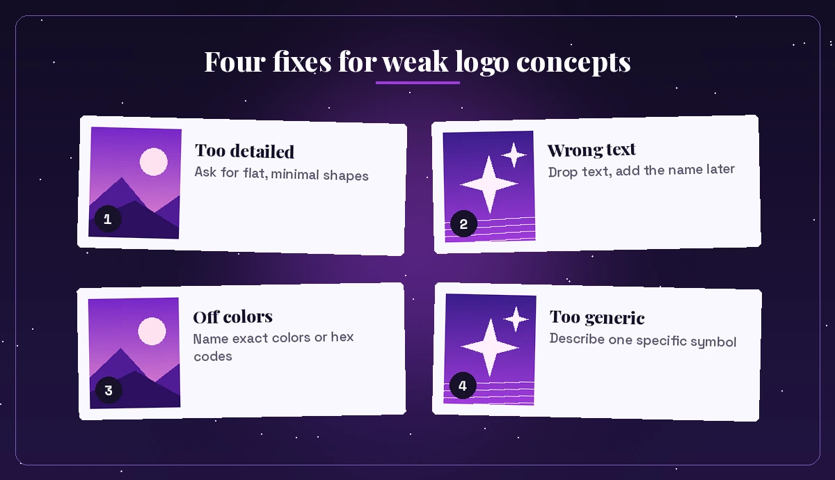 Four fixes when a copilot prompt for logo design gives weak results: too detailed, wrong text, wrong colors, looks generic