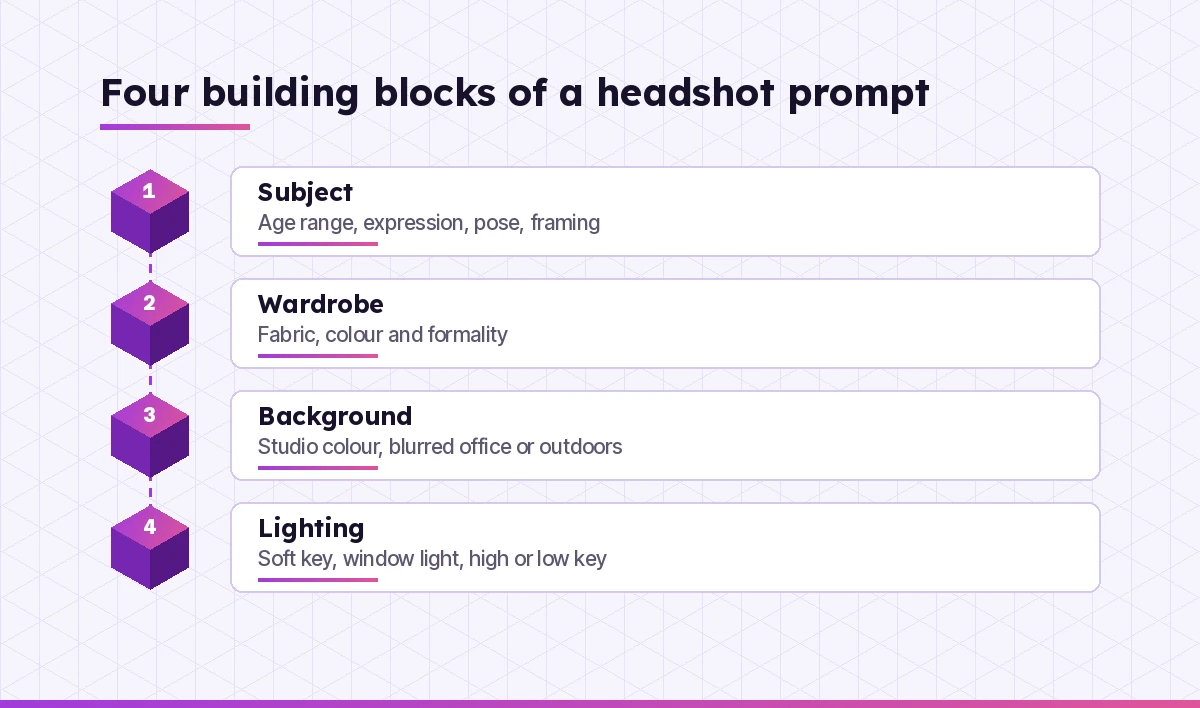 Copilot prompt for professional headshot built from subject, wardrobe, background and lighting