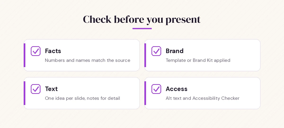 Checklist for reviewing a deck after using a Copilot prompt to create PowerPoint presentation slides