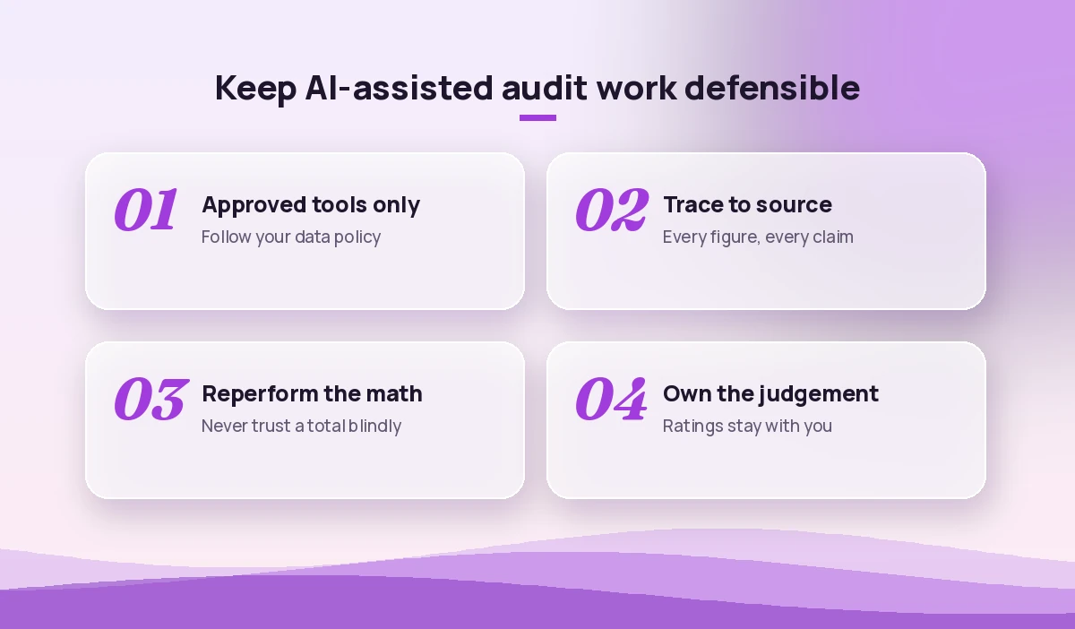 Review checklist for AI-assisted audit work with Copilot