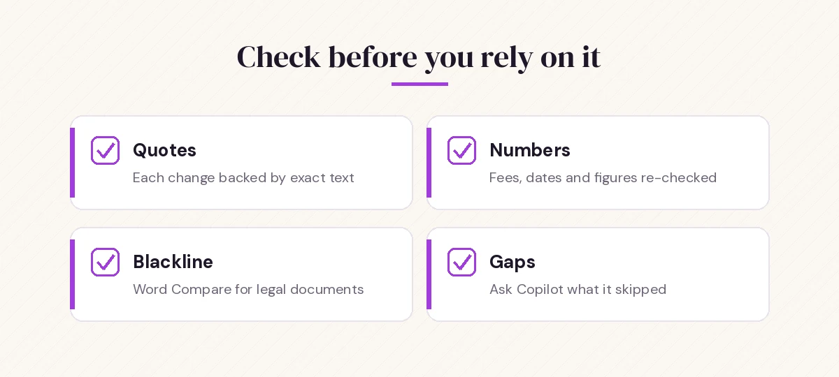 Checklist for verifying Copilot document comparison results