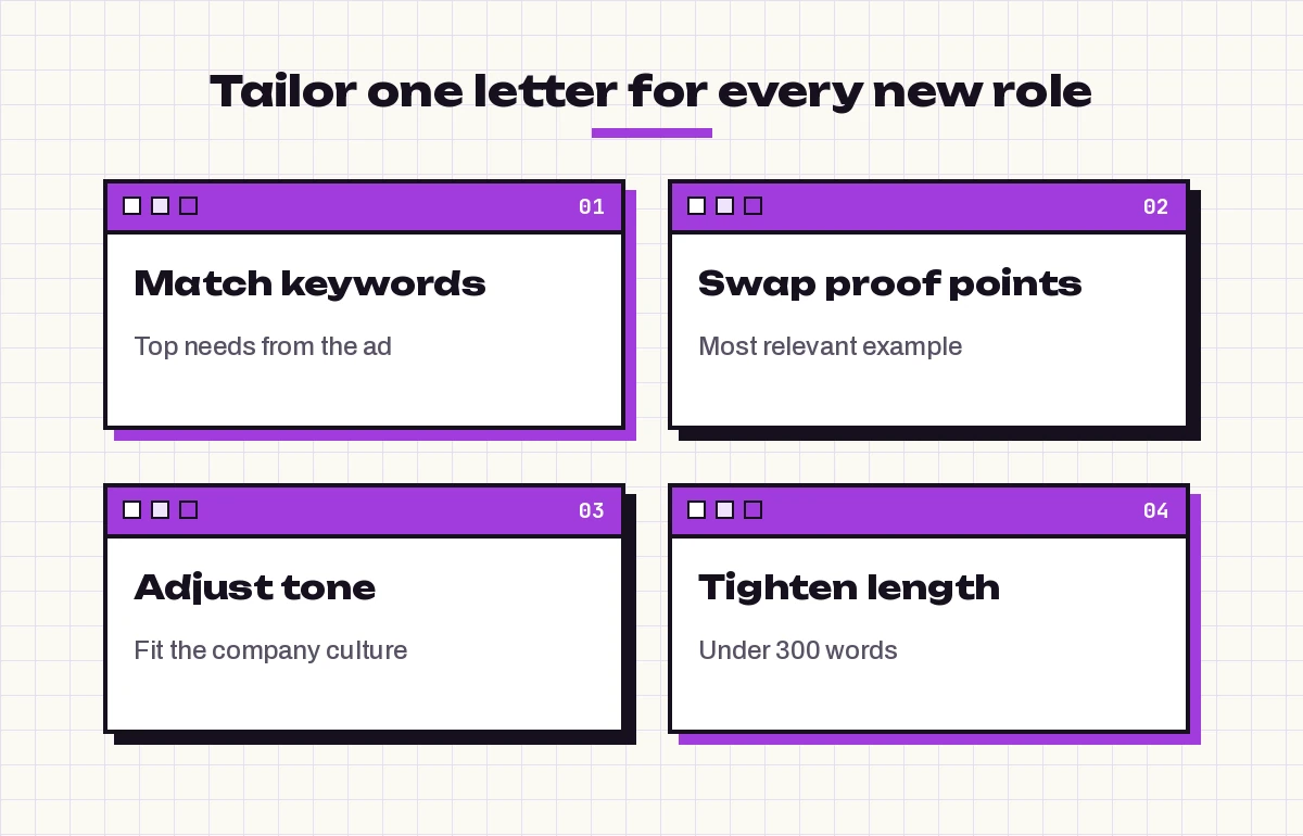 Four steps to tailor a base cover letter with Copilot: match keywords, swap proof points, adjust tone, tighten length
