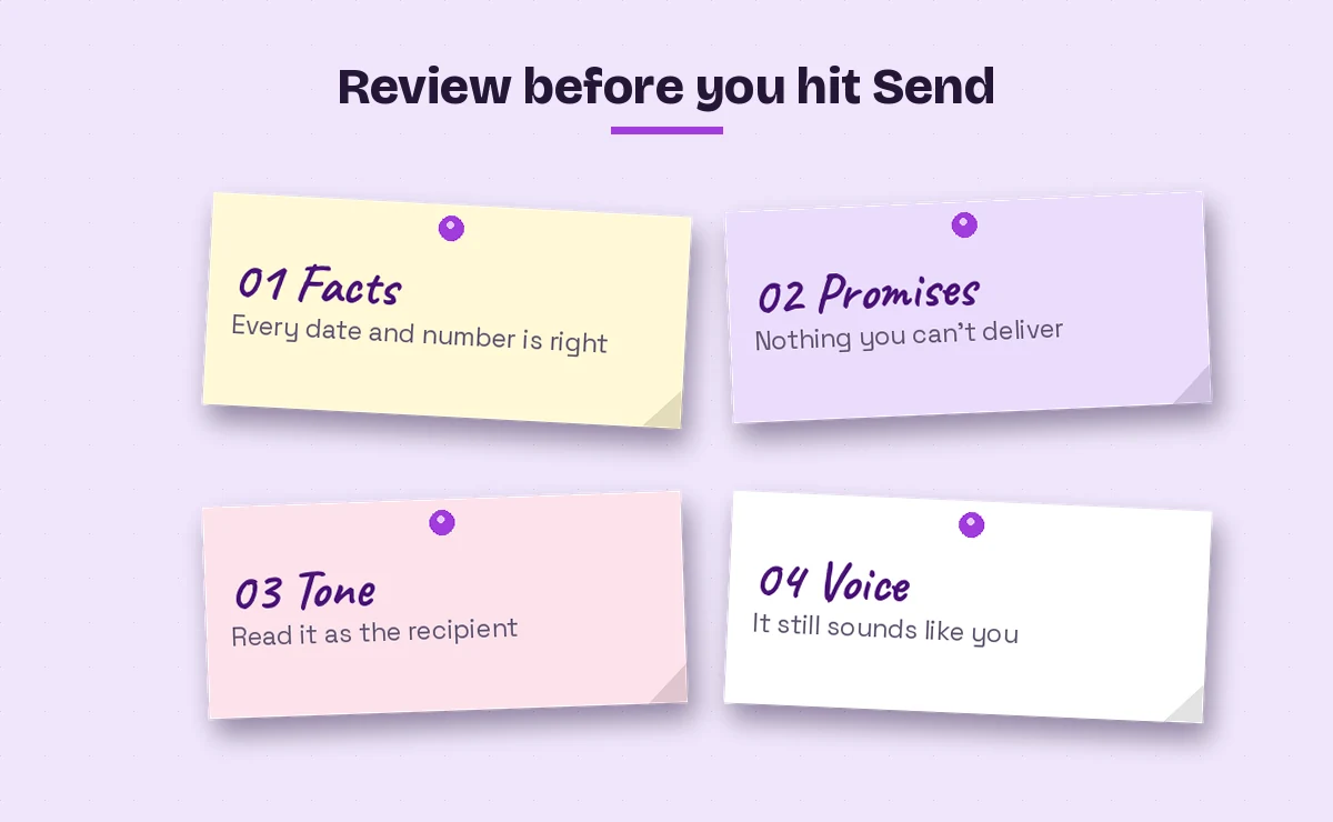 Checklist for reviewing a Copilot sensitive email draft before sending: facts, promises, tone, voice