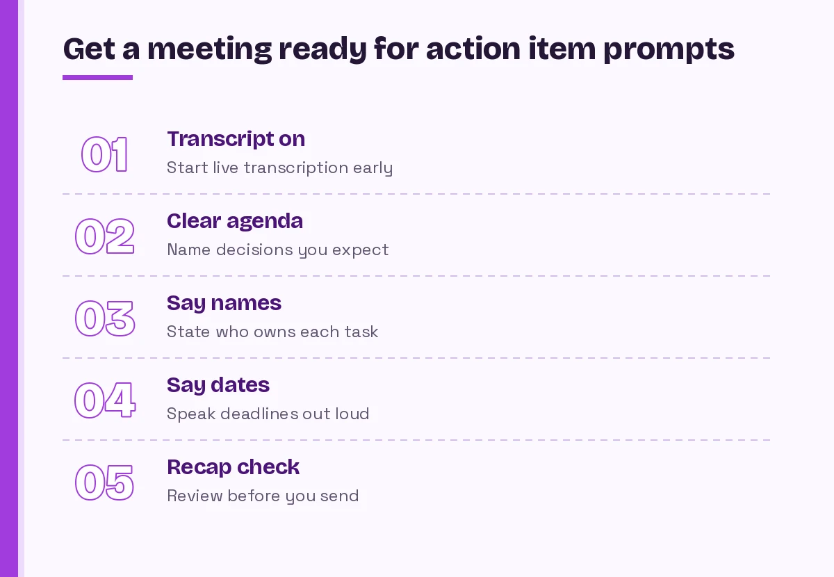 Checklist for Copilot prompts for meeting action items before a Teams call