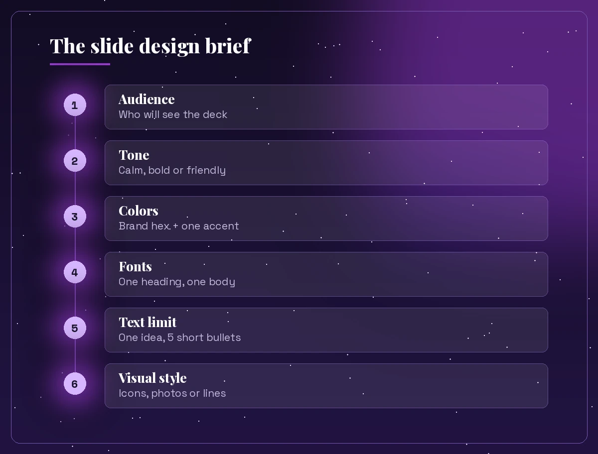 Copilot prompts for PowerPoint design brief: audience, tone, colors, fonts, text limit and visual style