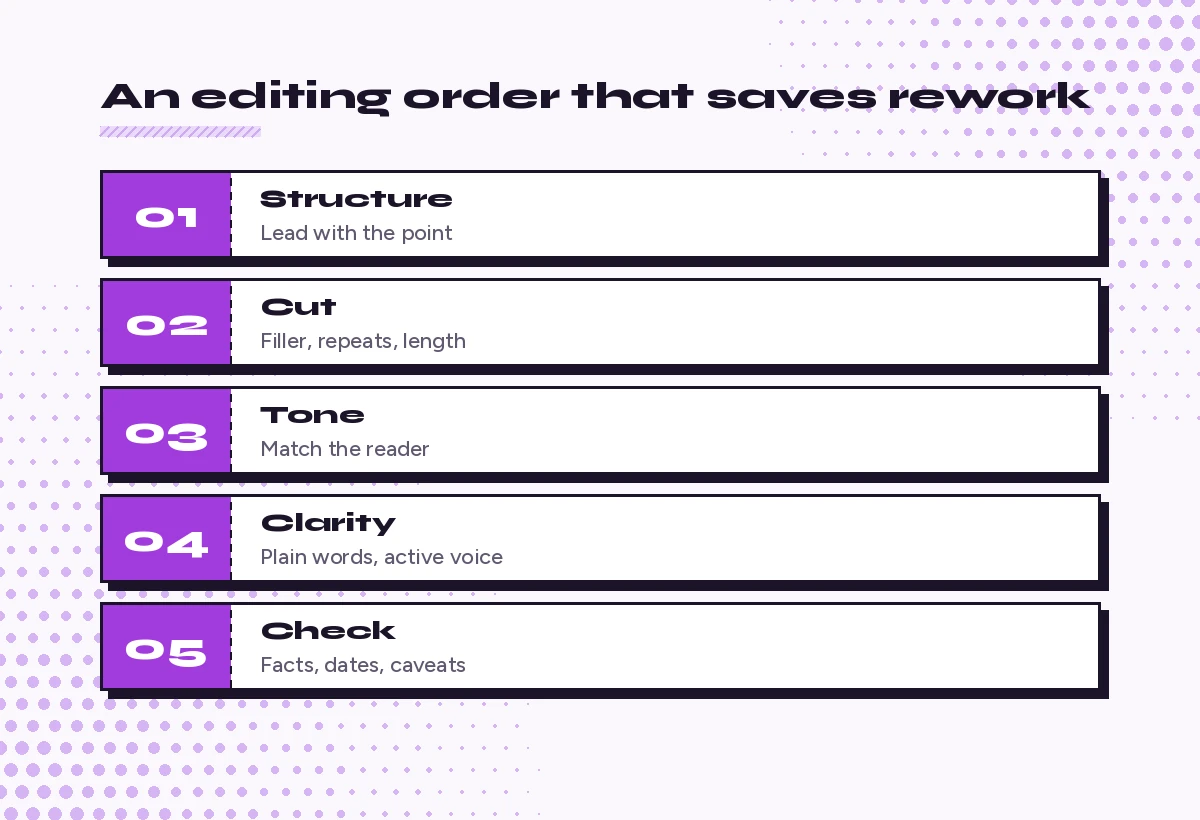 Five-step editing pass using copilot prompts for rewriting: structure, cut, tone, clarity, final check