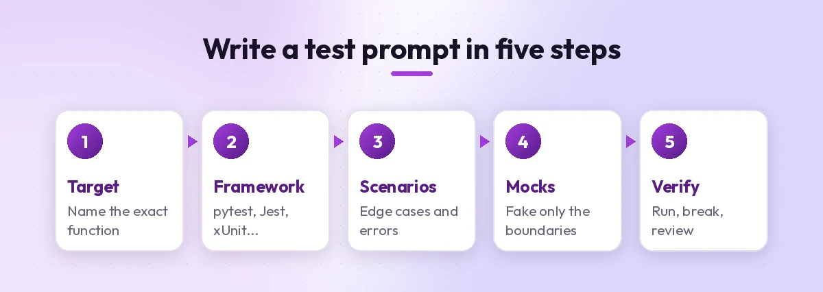 GitHub Copilot prompts for unit tests in five steps: target, framework, scenarios, mocks and verify
