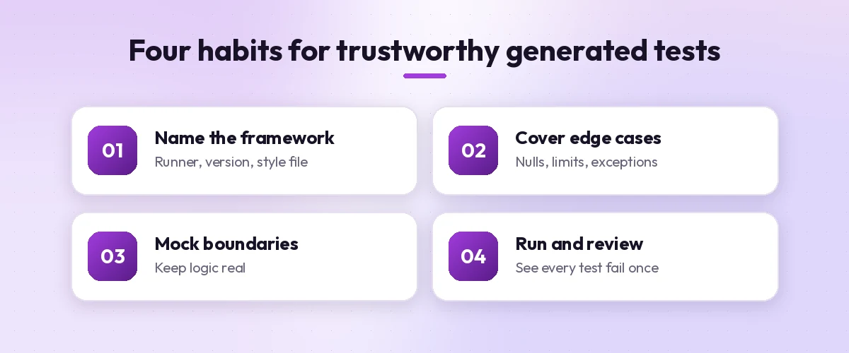 GitHub Copilot prompts for unit tests checklist: name the framework, cover edge cases, mock boundaries, run and review